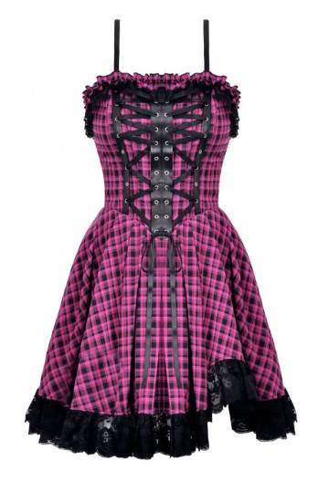 Gothic Lolita Pink Black Plaid Dress - Freaky Pink