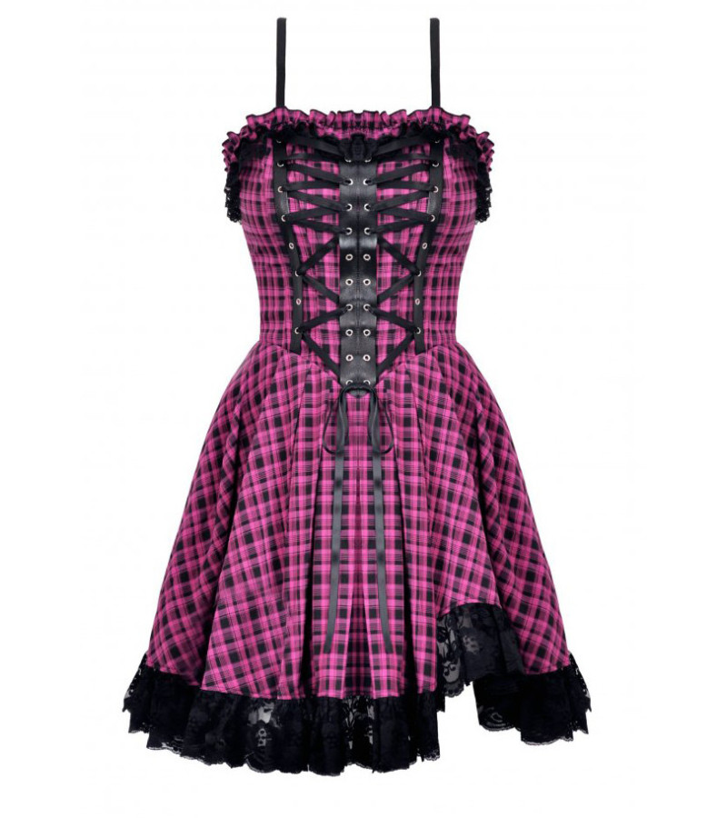Gothic Lolita Pink Black Plaid Dress - Freaky Pink