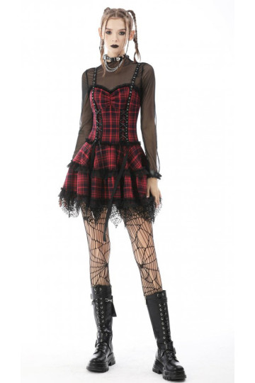 Robe Punk Lolita Ecossaise Rouge Et Noire Dark In Love  - Freaky Pink