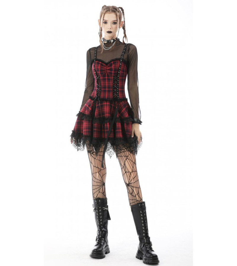 Punk Lolita Red Black Layered Plaid Dress - Freaky Pink