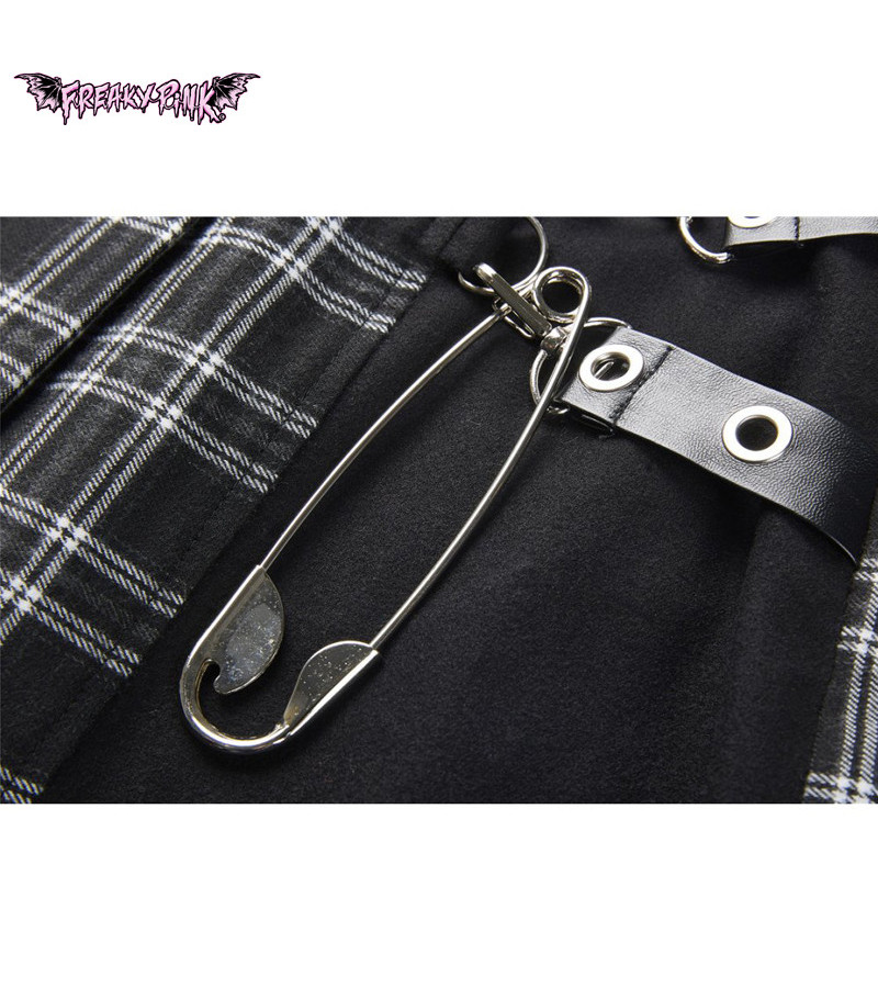 Big Pin Grey And Black Pleated Plaid Skirt