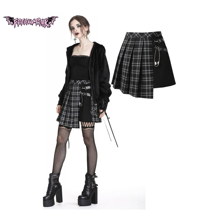 Big Pin Grey And Black Pleated Plaid Skirt