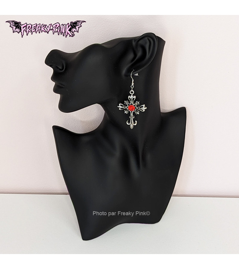 Red Gem Lily Flowers Gothic Cross Earrings Stainless Steel Clasp Freaky Pink