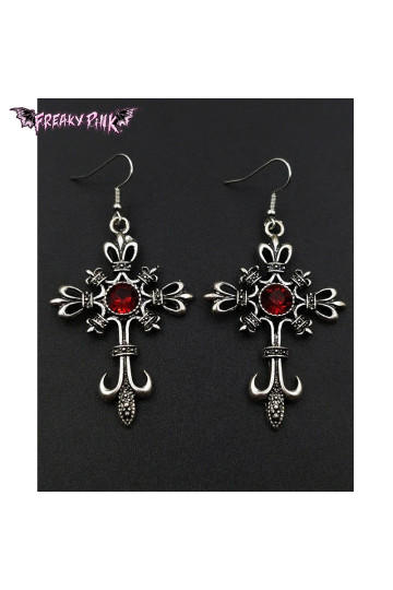 Red Gem Lily Flowers Gothic Cross Earrings Stainless Steel Clasp Freaky Pink
