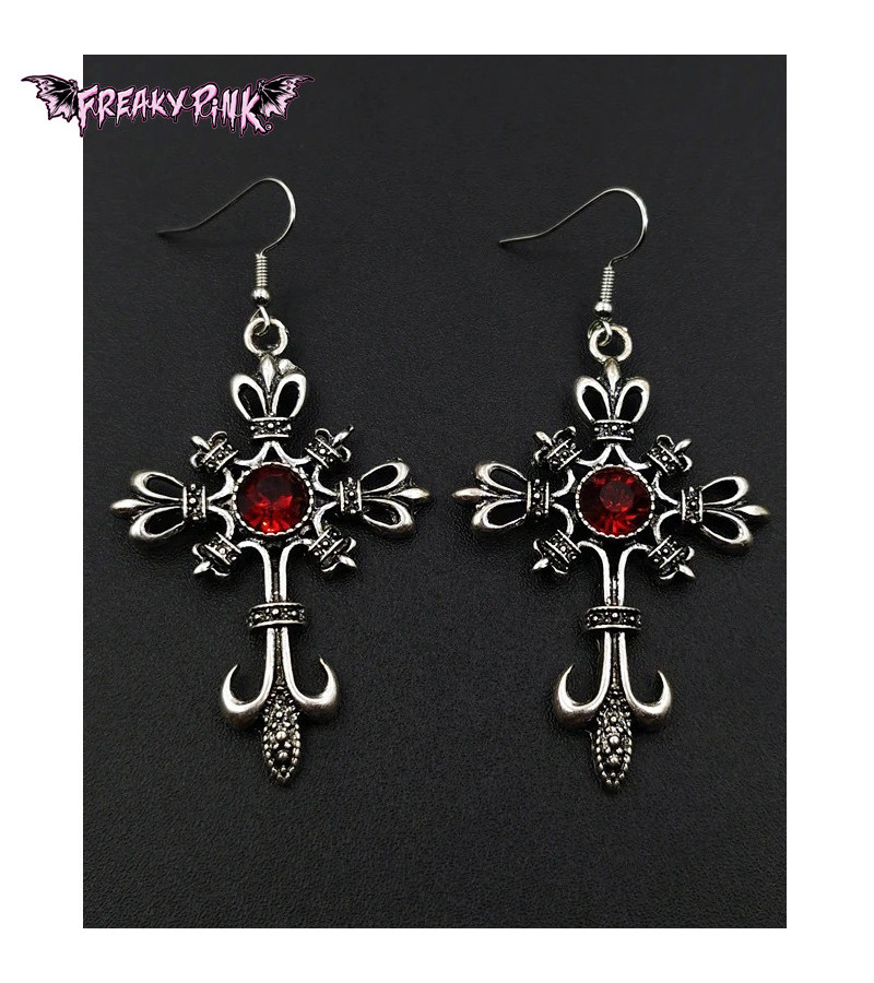 Boucles D'Oreilles Croix Rouge Fleurs de Lys