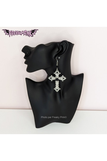 Big Gothic Cross Earrings with Black Gem