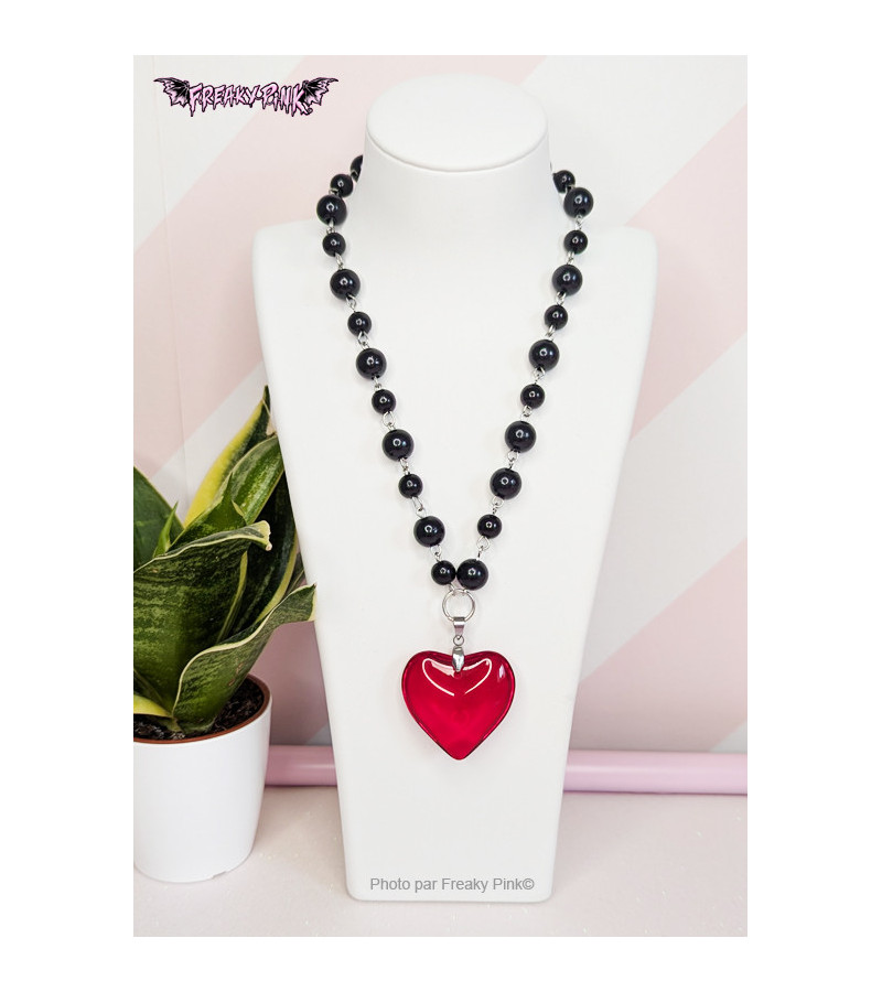 Collier Coeur Rouge Perles Noires