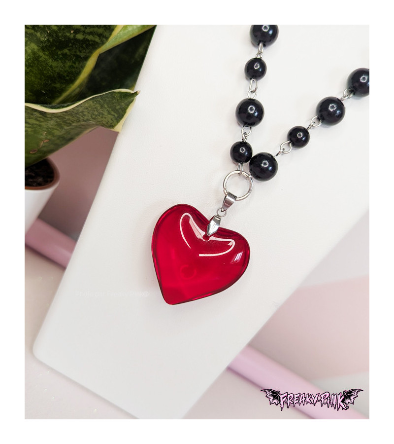 Red Heart Necklace With Black Beads