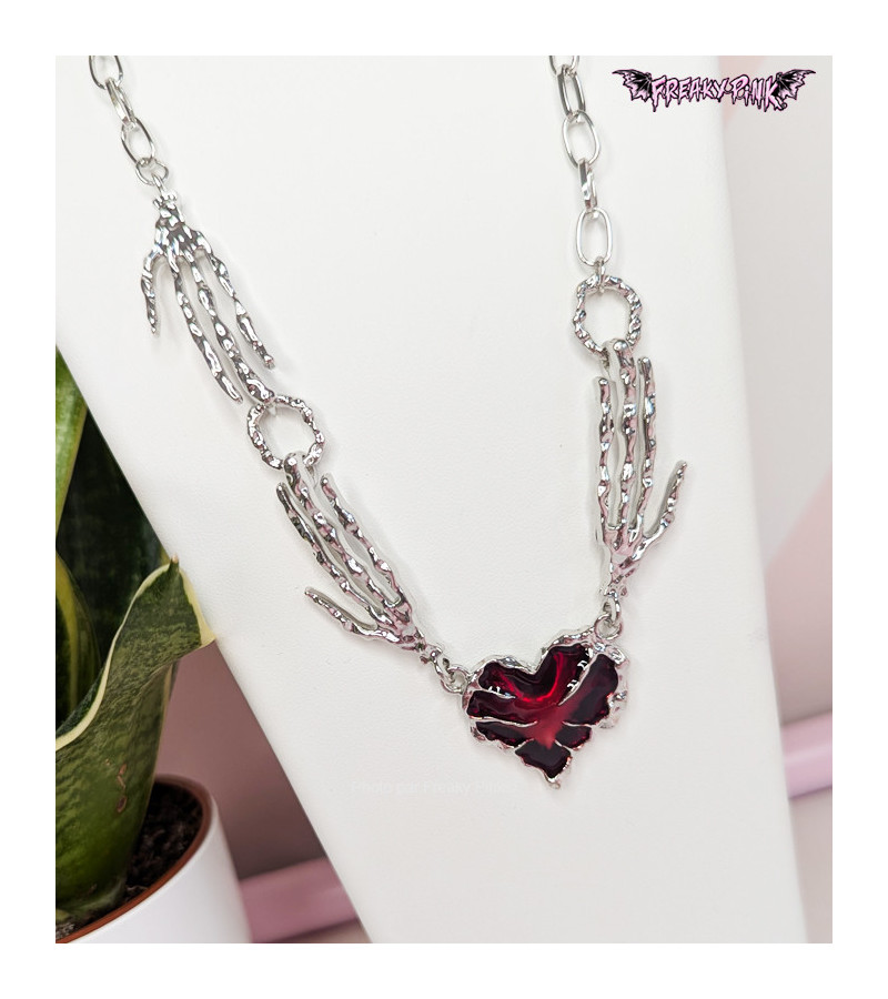 Red Heart Necklace With Skeleton Hands