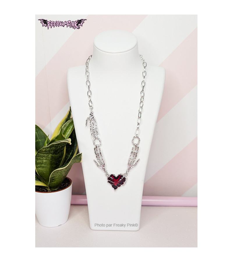 Red Heart Necklace With Skeleton Hands