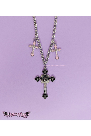 Pink And Black Gothic Cross Necklace