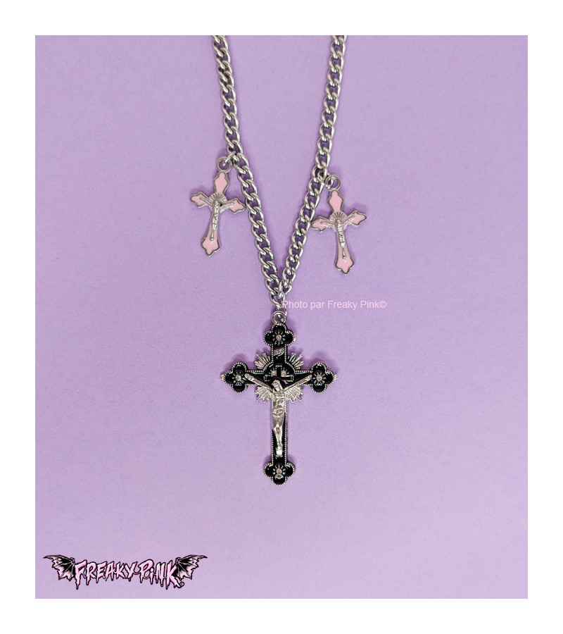 Pink And Black Gothic Cross Necklace