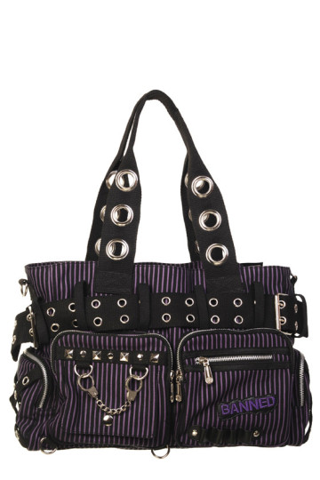 Big Black Purple Striped Bag With Pockets