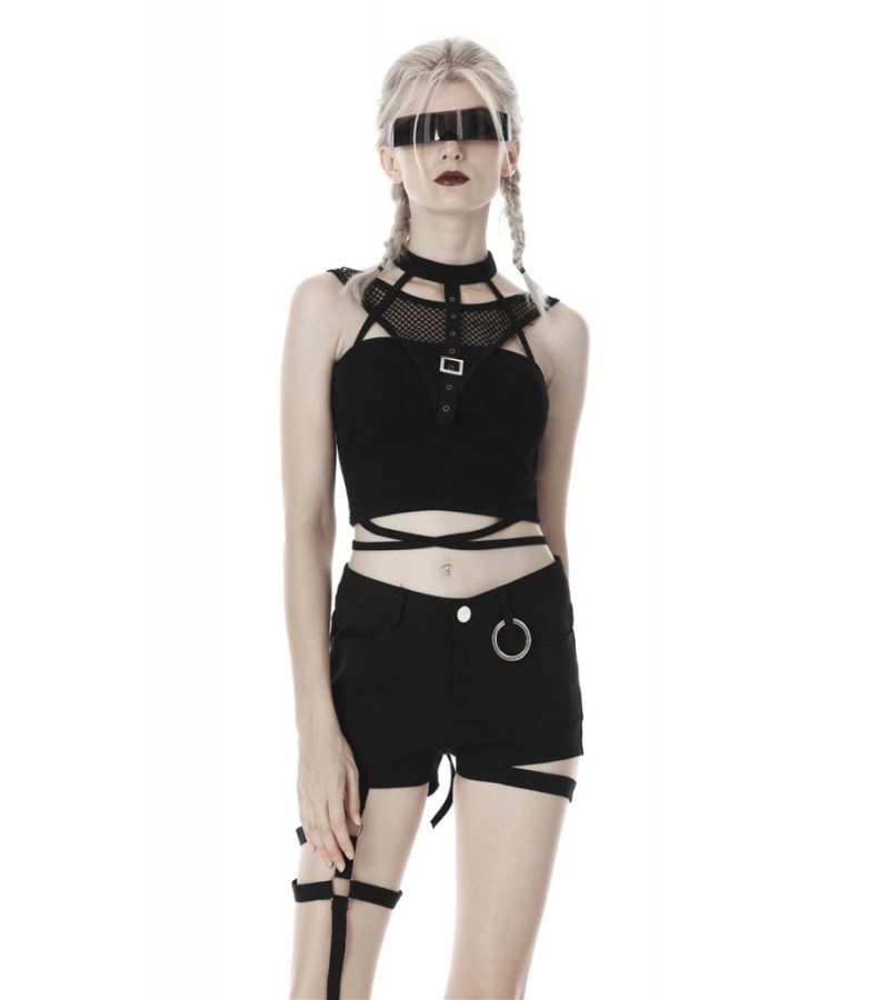 Gothic Crop Top With Choker Strap Fishnet And Lacing
