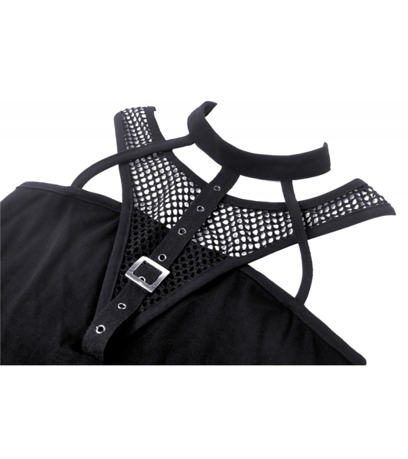 Gothic Crop Top With Choker Strap Fishnet And Lacing