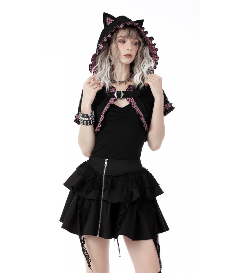 Pink Tartan And Black Cape With Cat Ears