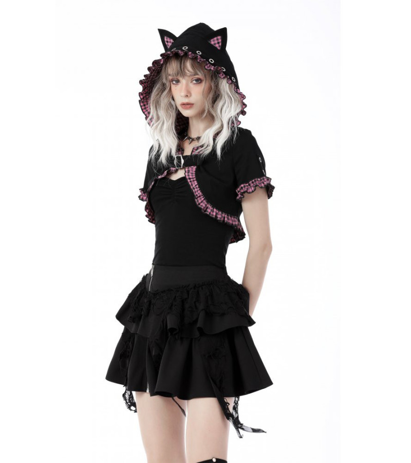 Cape Avec Capuche A Oreilles De Chat Tartan Rose