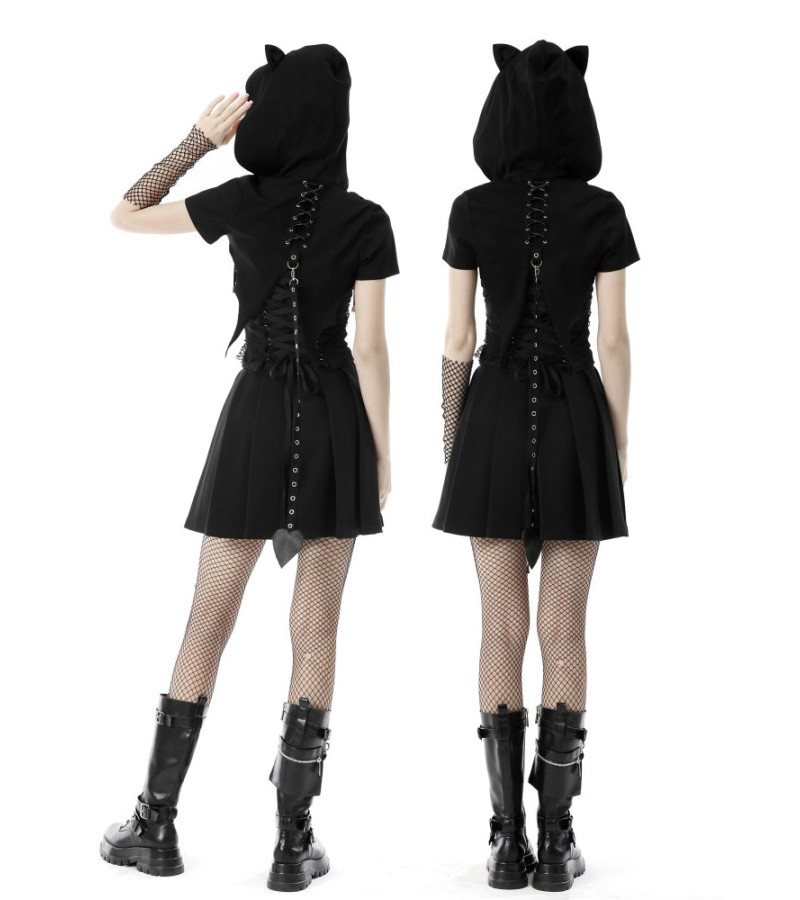 Black Cape With Cat Ears And Devil's Tail - Freaky Pink