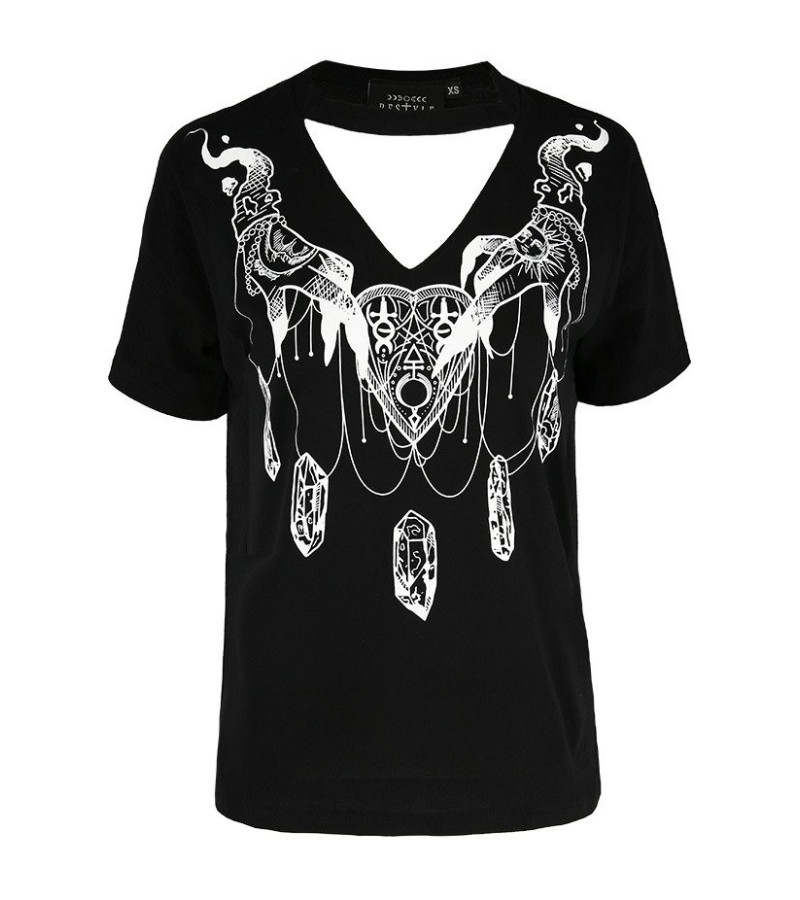 T-shirt Ouija et Cristaux Col V - Freaky Pink