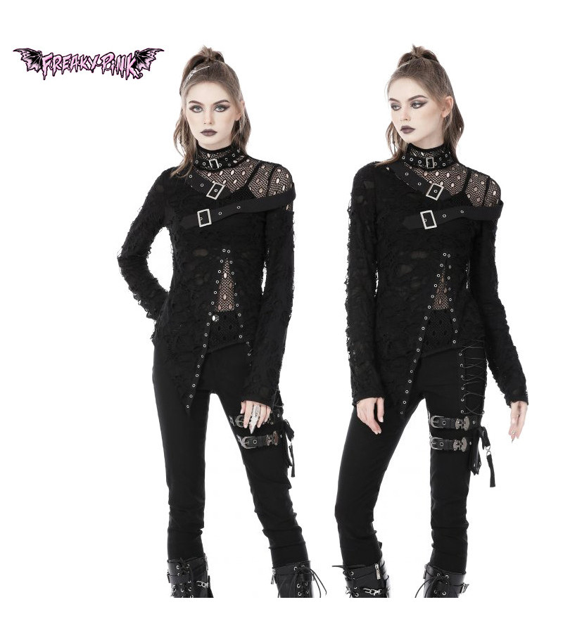 Punk Asymmetric Long Sleeves Top With Shredded Fabric