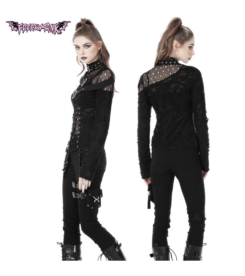 Punk Asymmetric Long Sleeves Top With Shredded Fabric