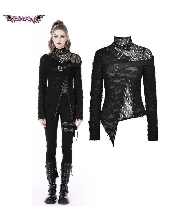 Punk Asymmetric Long Sleeves Top With Shredded Fabric