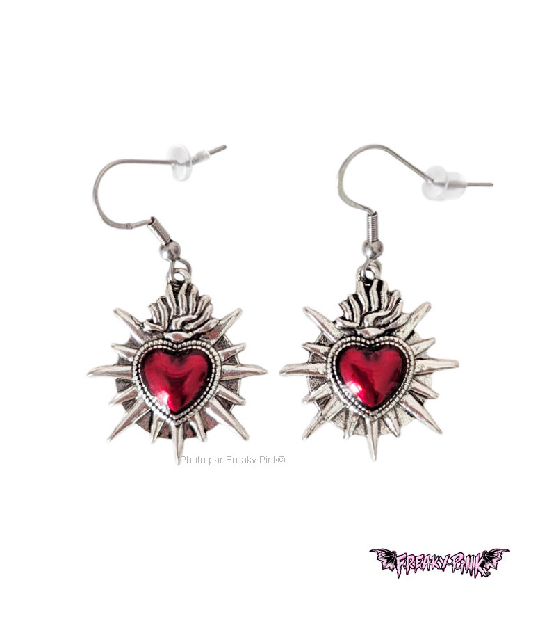 Red Sacred Hearts Earrings Stainless Steel Clasp Freaky Pink