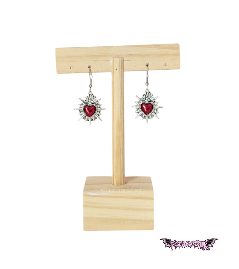 Red Sacred Hearts Earrings Stainless Steel Clasp Freaky Pink