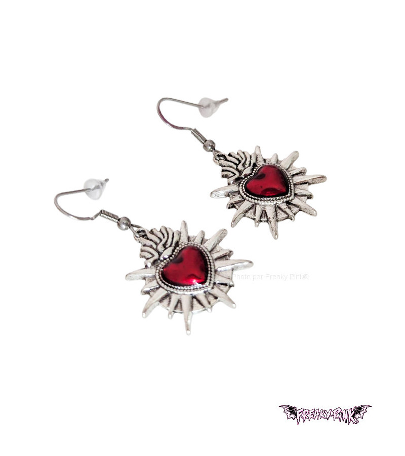 Red Sacred Hearts Earrings Stainless Steel Clasp Freaky Pink