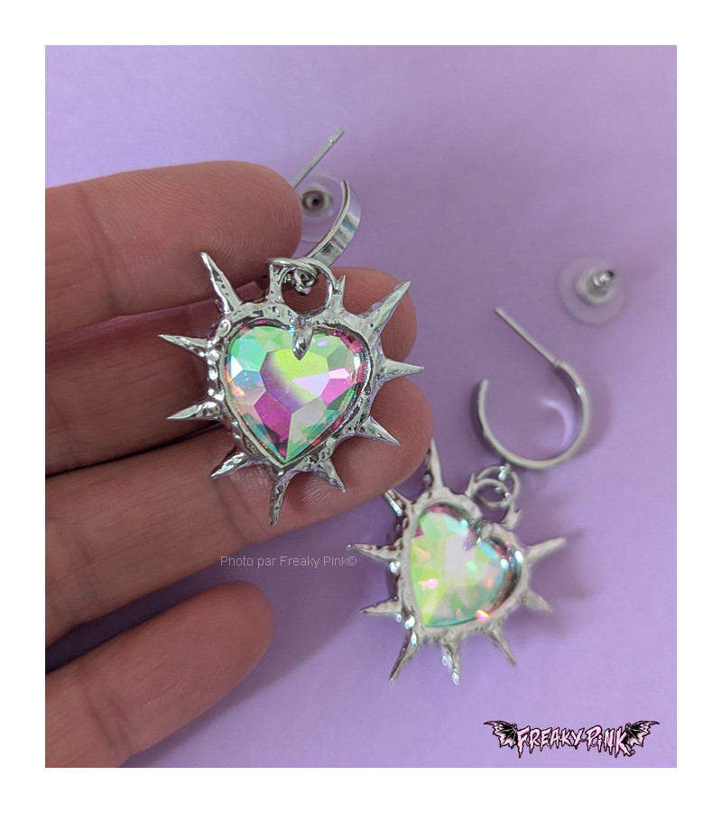 Iridescent Hearts Earrings With Spikes
