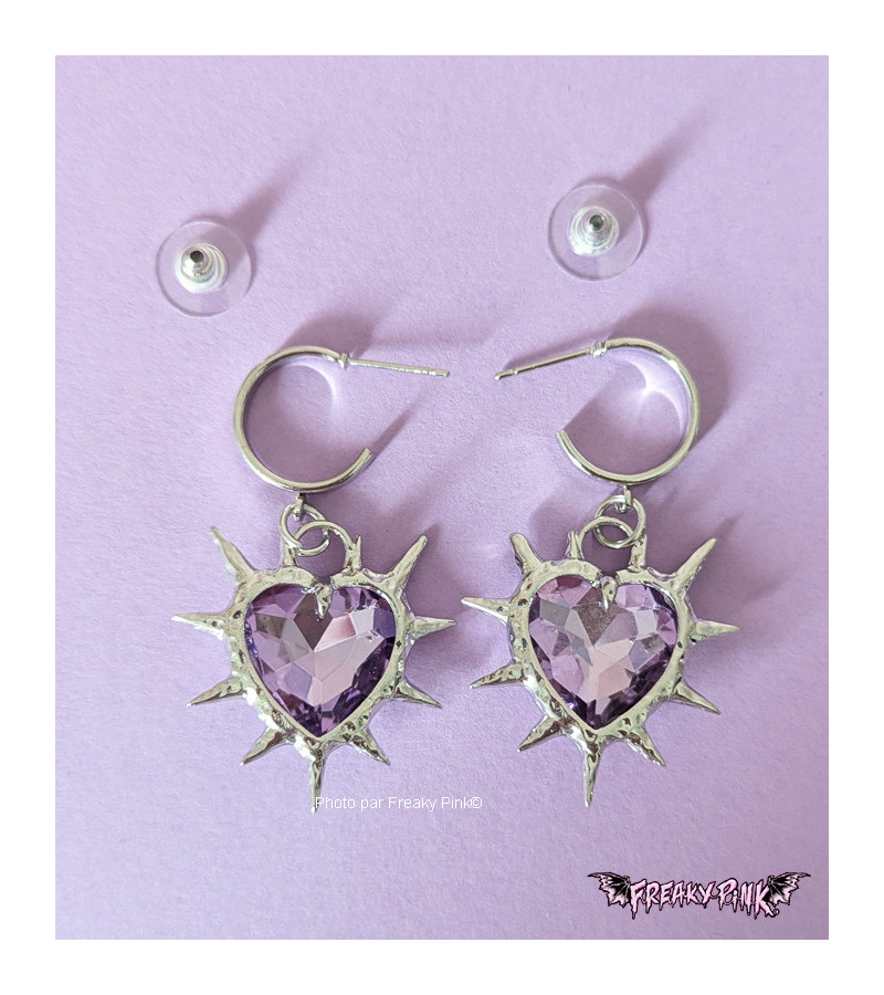 Purple Hearts Earrings With Spikes