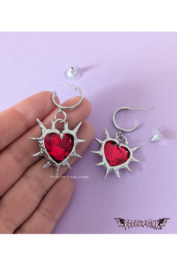 Red Hearts Earrings With Spikes - Freaky Pink