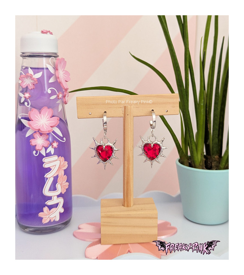 Red Hearts Earrings With Spikes - Freaky Pink