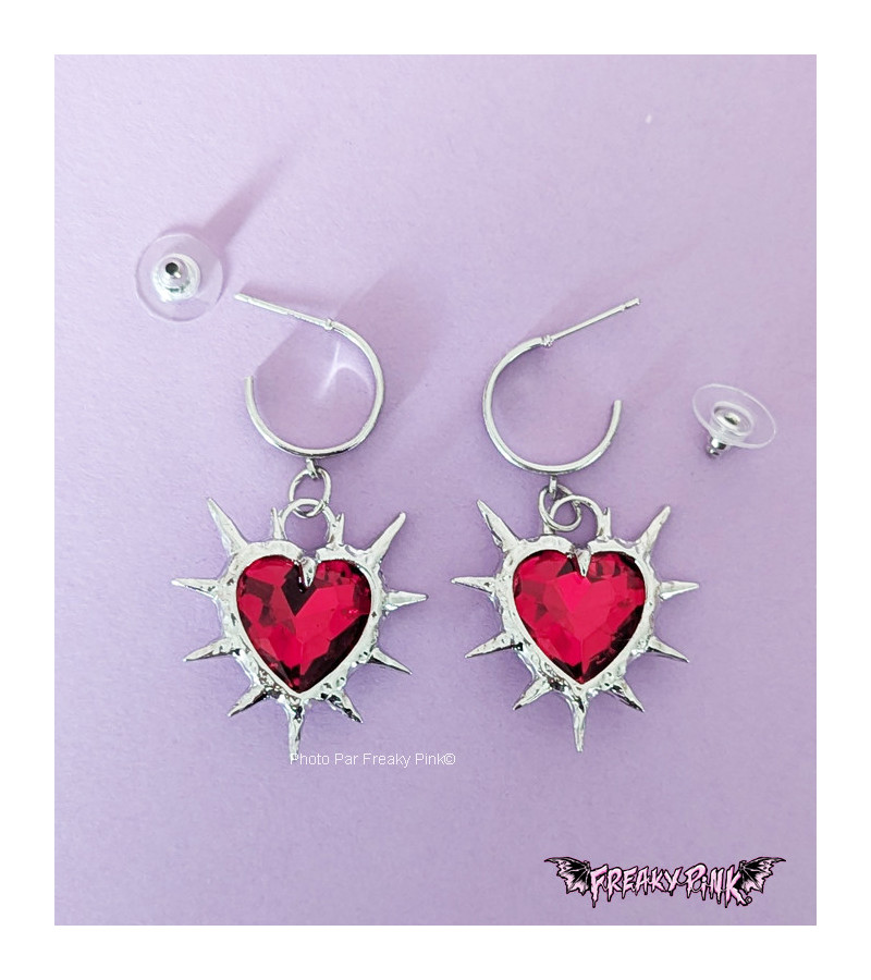 Red Hearts Earrings With Spikes - Freaky Pink