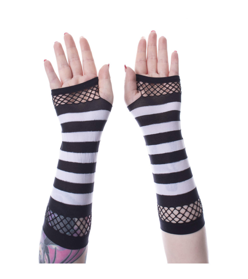 Black And White Striped Mesh Gloves