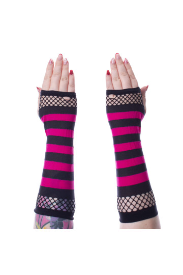 Black And Pink Striped Mesh Gloves