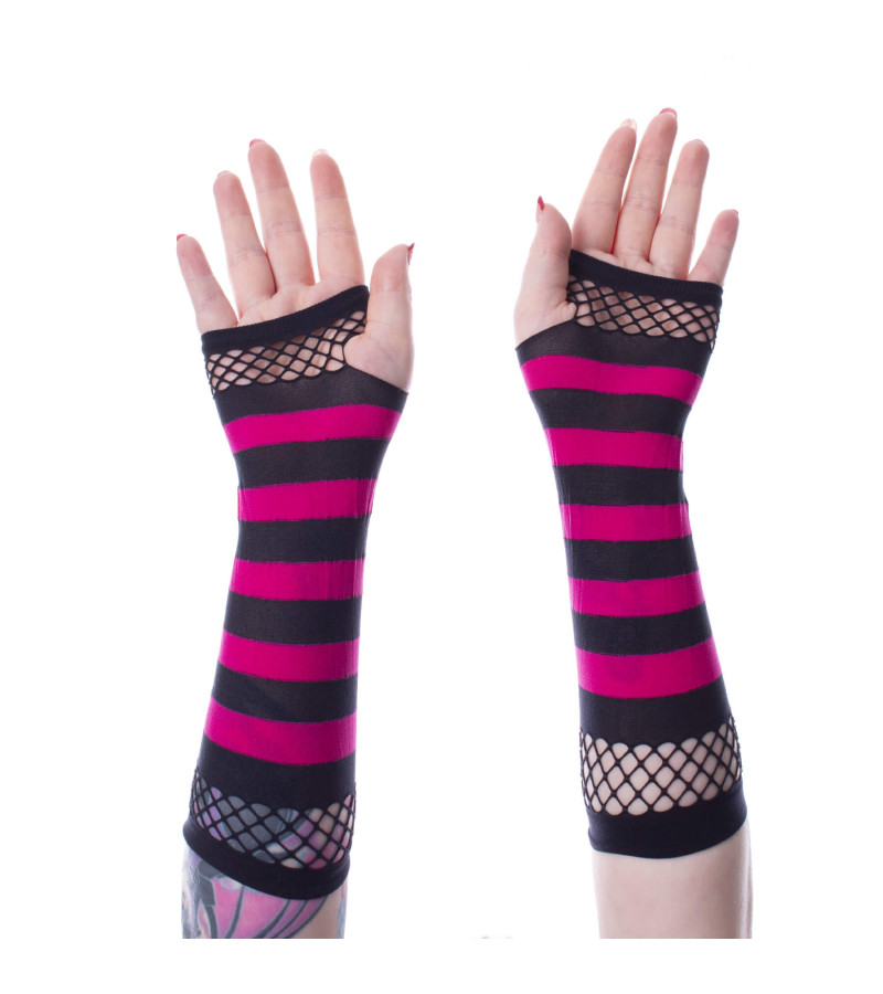 Black And Pink Striped Mesh Gloves