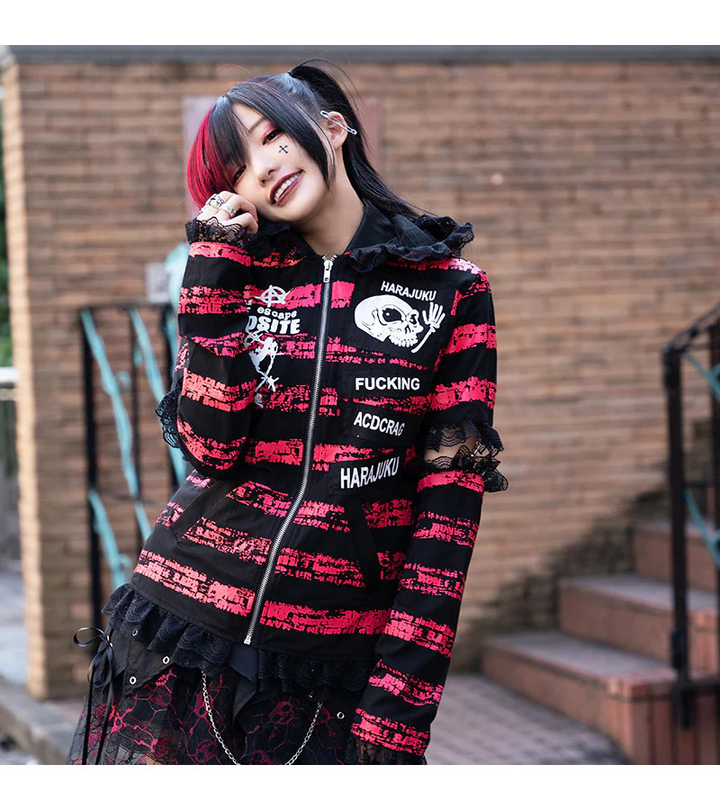 Harajuku Hoodie Rayé Rouge Et Noir