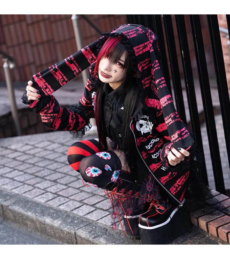 Harajuku Hoodie Rayé Rouge Et Noir