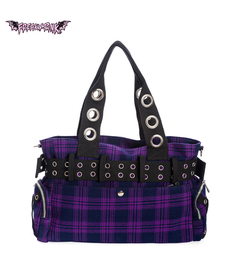 Big Purple And Black Tartan Punk Handbag
