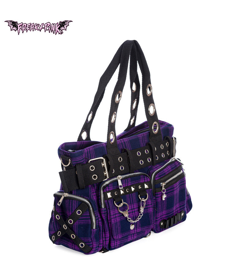 Big Purple And Black Tartan Punk Handbag
