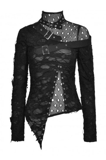 Punk Asymmetric Long Sleeves Top With Shredded Fabric - Freaky Pink