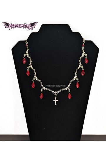 Collier Croix Et Gemmes Rouges