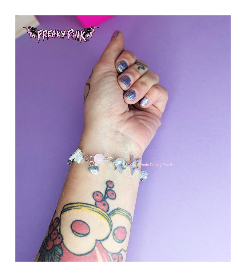 Bracelet Etoiles Et Coeur Rose Blanc