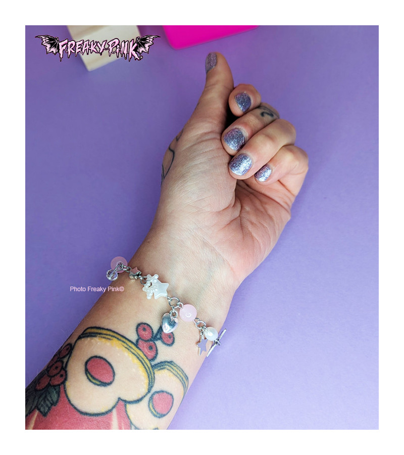 Stars And Heart Pink White Pearls Bracelet
