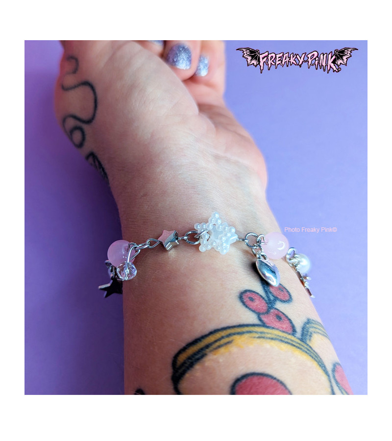 Stars And Heart Pink White Pearls Bracelet