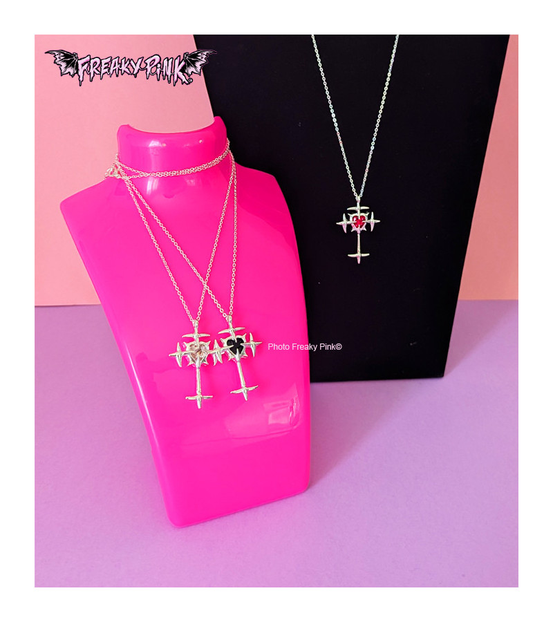 Red Heart Spiked Cross Necklace