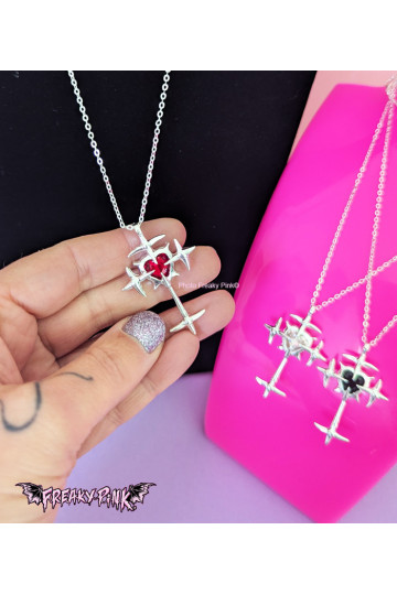 Red Heart Spiked Cross Necklace