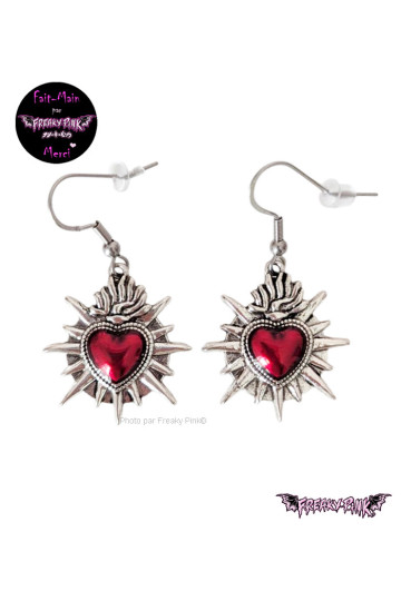 Small Red Sacred Hearts Earrings Freaky Pink