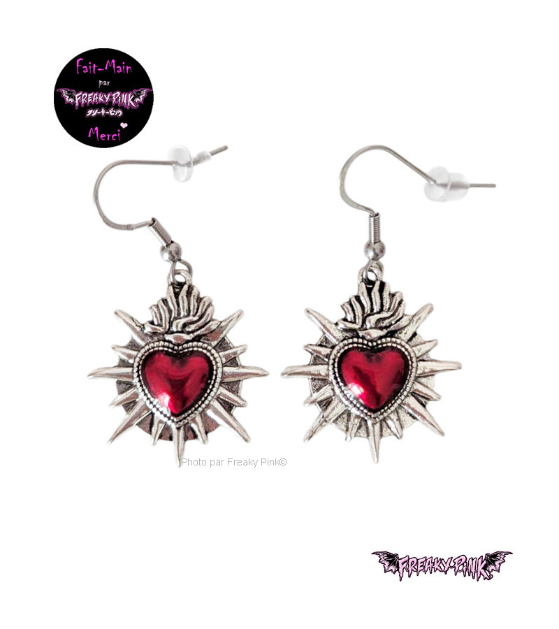 Red Sacred Hearts Earrings Stainless Steel Clasp Freaky Pink